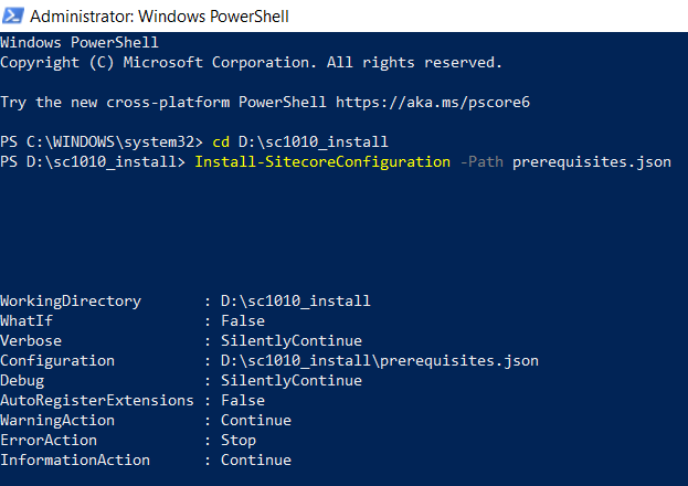 Running Install-SitecoreConfiguration and the list of information