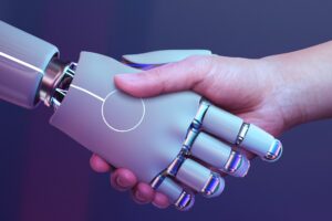 robot handshake illustrating digital age