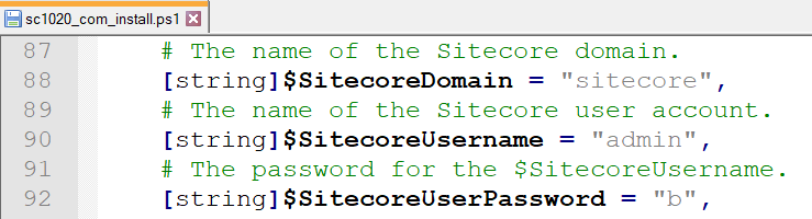 Showing SitecoreDomain, SitcoreUsername, and SitecoreUserPassword