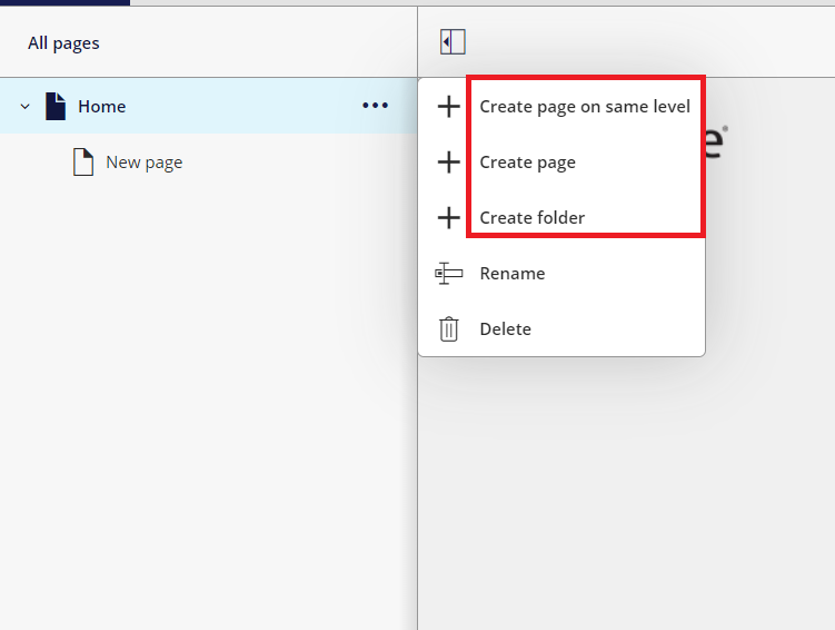 Menu item to create page on same level, create page or create folder