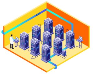 Vector isometric data storage center cross section concept with IT specialist man providing hardware and software maintenance work on server rack connected to laptop. Modern information technologies