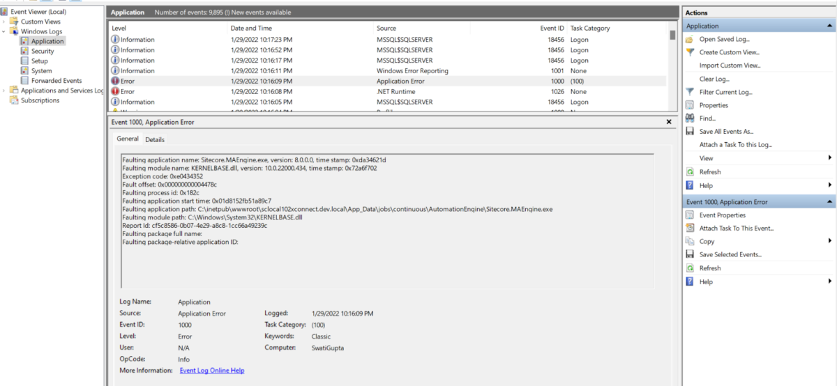 Console to show event 1000 application error