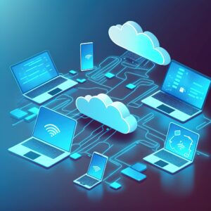 Cloud computing concept on phones, tablets and laptops 3d illustration