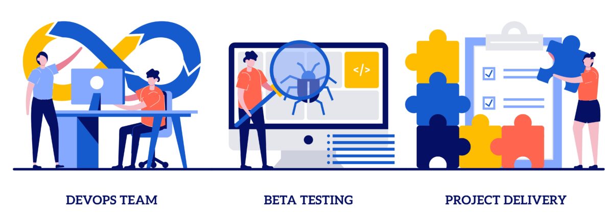 DevOps team, beta testing, project delivery concept with tiny people. Software development and technology analysis abstract vector illustration set. Programming teamwork, quality assurance metaphor.