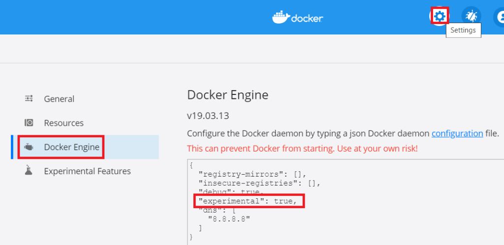 Docker Engine experimental value set to 'True' for SC10.01