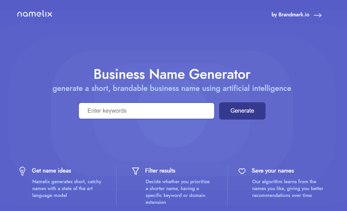 screenshot of Namelix, a business name generator