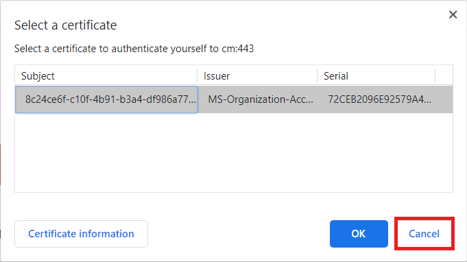 select cancel certificate dialog box