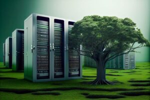 data centres with a tree in front illustrating sustainability