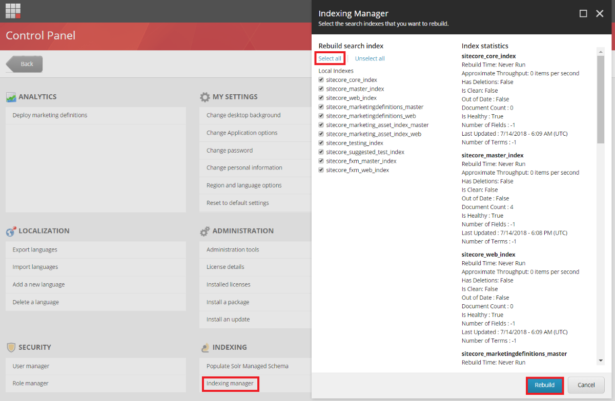 Sitecore 9 CP select Indexing Manager