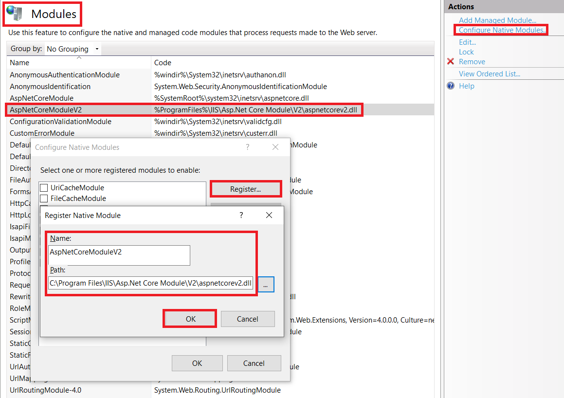 Ensure module “AspNetCoreModuleV2” is available