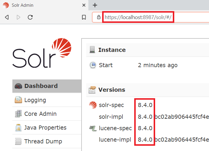 Showing version 8.4.0 for Solr Admin
