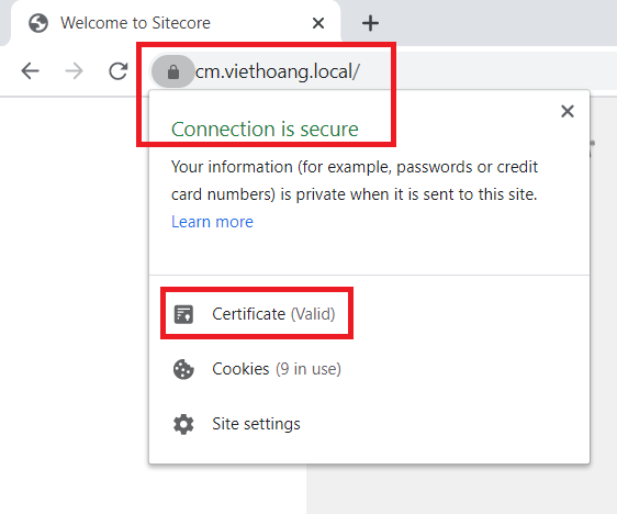 default Sitecore page with valid SSL cert