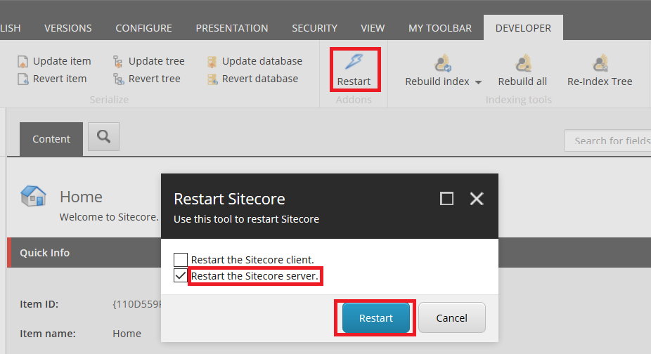restart the sitecore server checked box