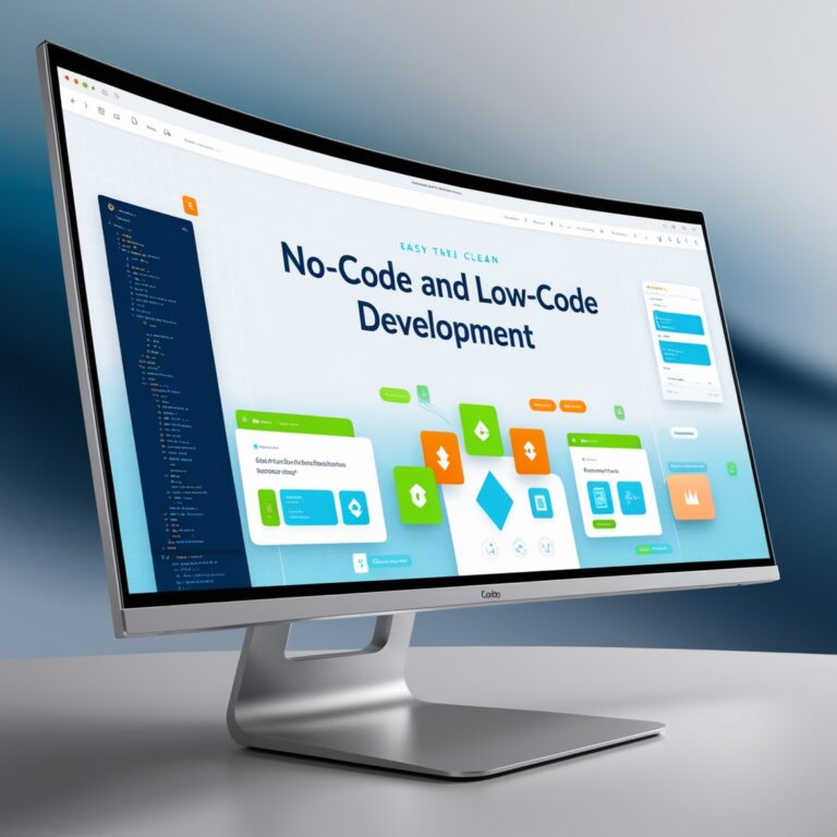 monitor screen displaying the words, no-code and low-code web development